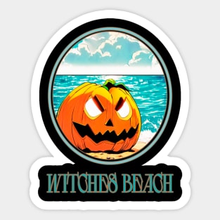 aggressive laughing halloween pumpkin on the beach with a tan on the bloody witches beach Sticker